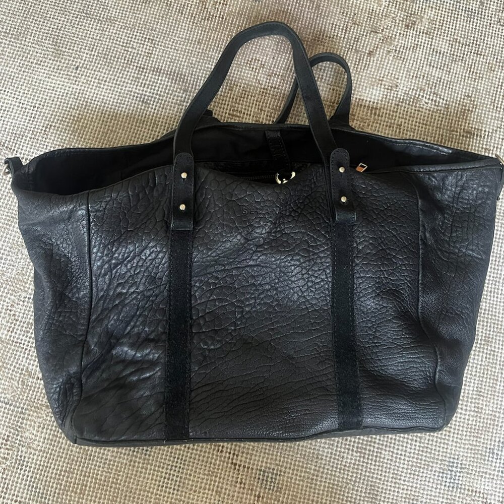 Sezane Pebbled Leather Tote Bag XL Unstructured Travel Gym Market Handbag Black